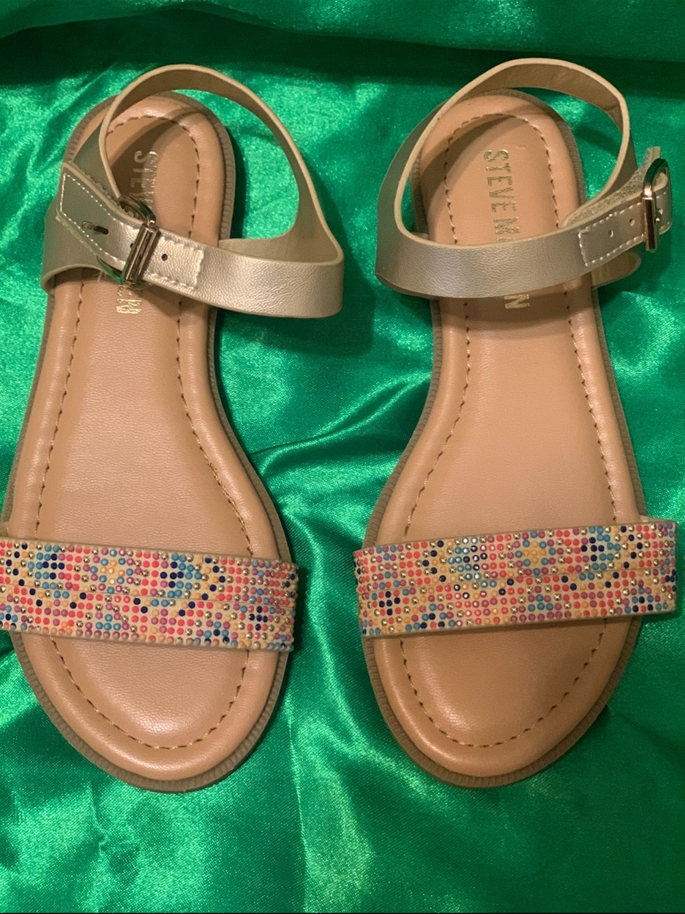 Steve Madden Girl’s Tan Sandals with Multicolor Beaded Front Strap